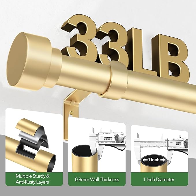 Curtain Rods for Windows 72 to 144, 1 Inch Adjustable Gold Heavy Duty Long Window Curtain Rod with End Caps, Modern Style Indoor Outdoor Drapery Rods for Patio Bedroom, Size 32" - 150"