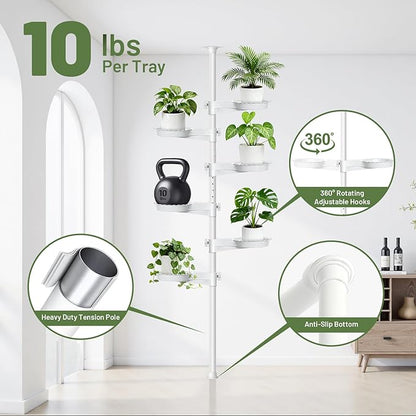 Tension Rod Plant Stand, Plant Poles for Hanging Plants Indoor, 6 Tier Tension Pole Plant Hanger, Floor to Ceiling Plant Pole with 6 Trays Hanging Plant Stand, White