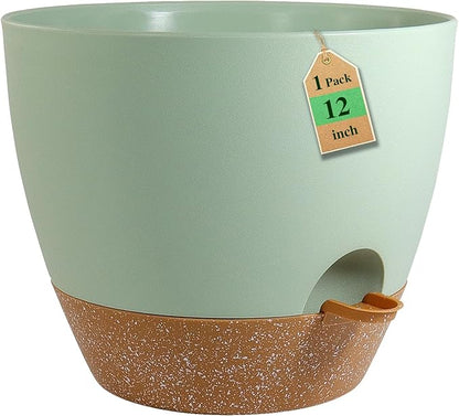 12 inch Large Self Watering Pots, Flower Plant Pots with Drainage Holes for Indoor Outdoor Garden Plants, Plastic Planters with Removable Deep Reservoir, Green with Brown