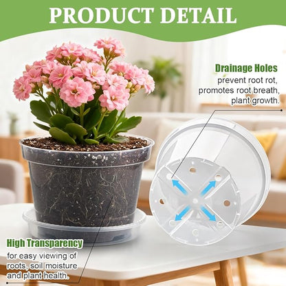 12 Pack 8 Inch Clear Plant Pots with Saucers, Transparent Plastic Nursery Pots with Drainage Hole, Sturdy Garden Planter Pots, Planting Starter Pots for Indoor Outdoor