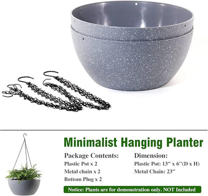 WOUSIWER 13 inch 2 Pack Large Hanging Planters for Indoor Outdoor Plants with Drainage Holes and Chain, Round Hanging Flower Pots for Garden Home Porch Decor, Grey Speckles
