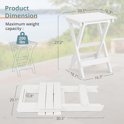 LUE BONA 27 inch Folding Side Table, HDPS Outside End Table for Patio, Porch, Deck, Pool, Weather Resistant, White