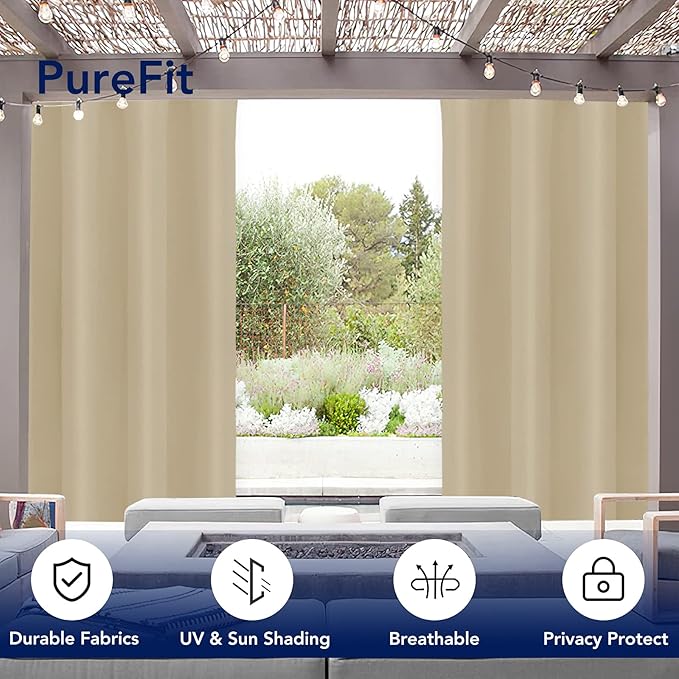 PureFit Outdoor Curtains for Patio Waterproof Weatherproof, UV Resistant Outside Curtains for Gazebo, Front Porch, Pergola, Sun Blocking Privacy Curtain, 52W x 95L inch, 1 Panel, Beige