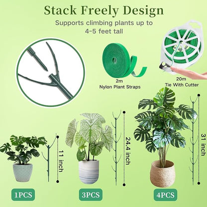 4 Pack Stackable Monstera Plant Support Stakes, 29inch Climbing Plant Sticks Structures with Garden Ties, Durable Alternative to Moss Pole for Indoor Outdoor Plants