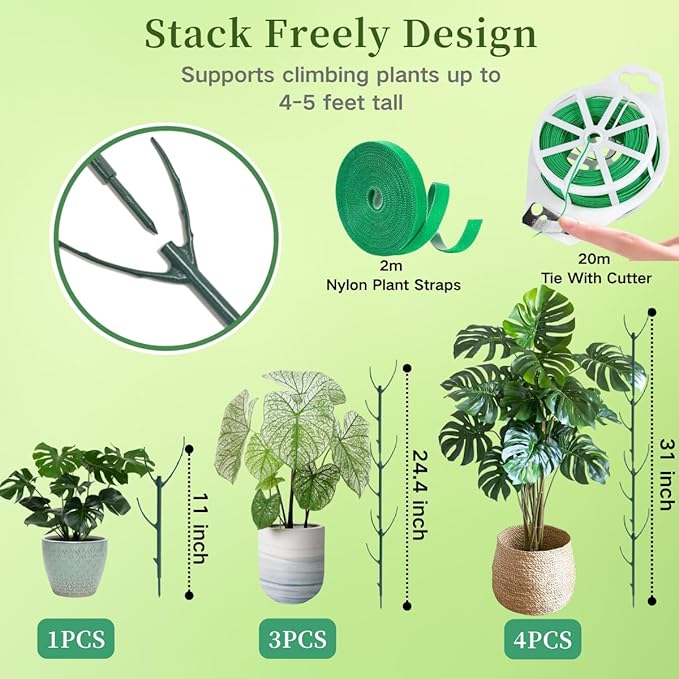 5 Pack Stackable Plant Support Stakes, 38inch Climbing Plant Sticks Structures for Monstera with Garden Ties, Durable Alternative to Moss Pole for Indoor Outdoor Plants