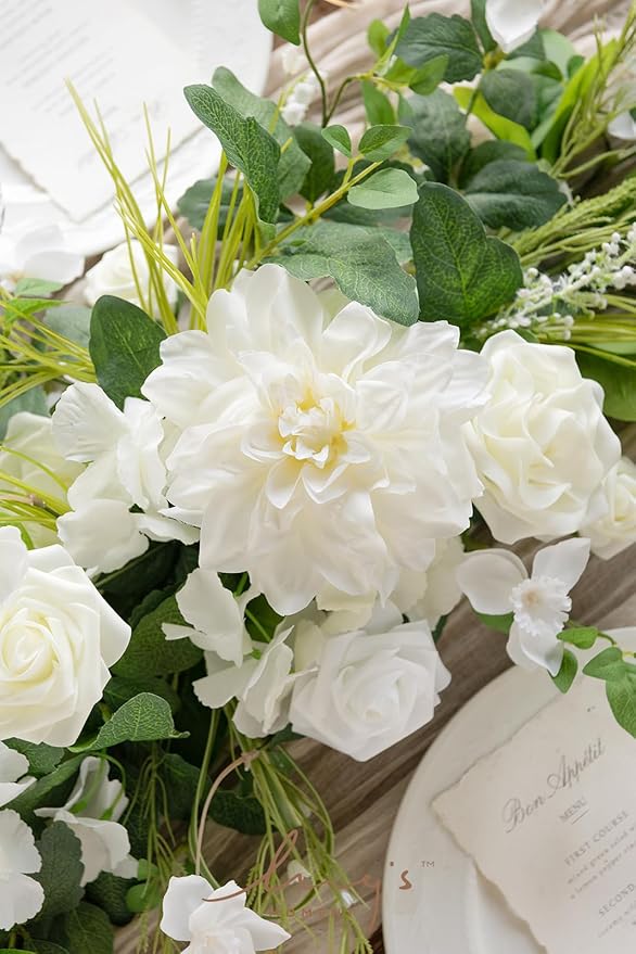 Artificial Flower Garland, 6 ft Eucalyptus Runner in White and Olive