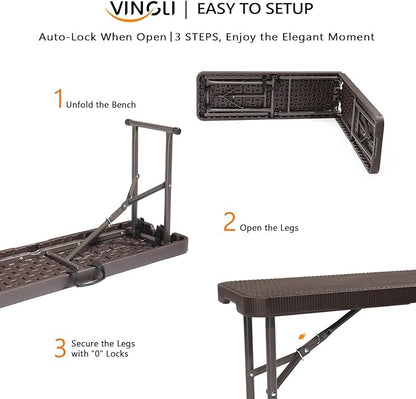 VINGLI 6 feet Plastic Folding Bench,Portable in/Outdoor Picnic Party Camping Dining Seat, Garden Soccer Multipurpose Entertaining Activities, Rattan Patterned HDPE Tabletop, 1 Pack, Brown