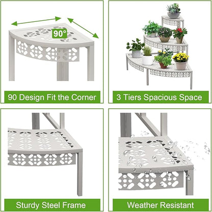 aboxoo 3 Tiers Metal Plant Stand,Rectangular Ladder Flower Pots Outdoor Plant Rack, Indoor Plant Display Rack, Heavy Duty Utility Storage Organizer for Home Garden Patio Balcony, Stair Style(White)