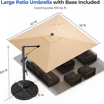 HOMSHADE 10 ft Square Cantilever Patio Umbrella with Base Included, Solar Lights Large Umbrella Outdoor Patio with 360°Rotation&Tilting, LED Lighted Offset Umbrellas w/Stand for Pool Deck