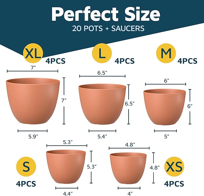 Terracotta Plant Pots with Drainage Holes & Saucers 20 Pack, Indoor & Outdoor Stackable Space-Saving Planters for Houseplants & Flowers, (7", 6.7", 6", 5.3", and 4.8" Inches), Durable & Weatherproof