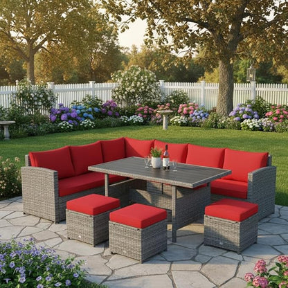 Tangkula 7 Pieces Patio Furniture Set, Outdoor Sectional Rattan Sofa Set with Cushions, All Weather Wicker Conversation Couch Set w/Dining Table & Ottomans for Backyard Garden Poolside