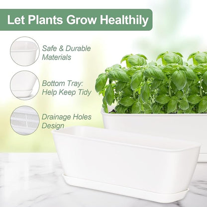 4-Piece White Rectangular Window Sill Planters with Drainage Holes and Trays (11 Inches) for Basil, Orchids, and Succulents Modern Herb Garden Planters Suitable for Indoor/Outdoor Plants