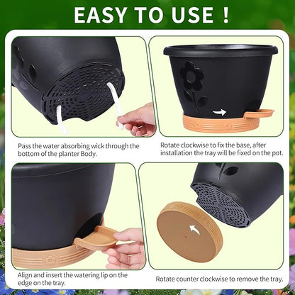 Plant Pots, Flower Pots for Indoor/Outdoor Plants, Self Watering Plastic Planters Pots with Drainage Holes, Saucer & Reservoir, Decorative Nursery Planting Pots(10 Inch Set of 4) (Black)