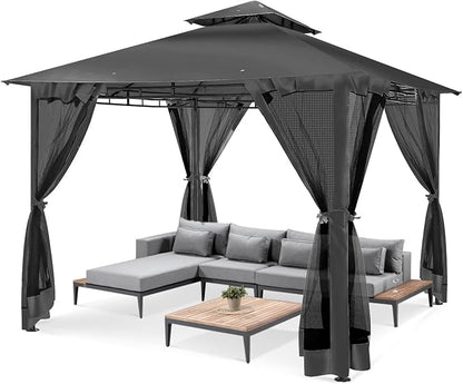 COBIZI Gazebo 10x10 Heavy Duty Gazebos with Improved Nettings Outdoor Gazebo Double Roof Patio Gazebos with Metal Steel Frame Outdoor Canopy for Patio, Deck, Backyard (Black)