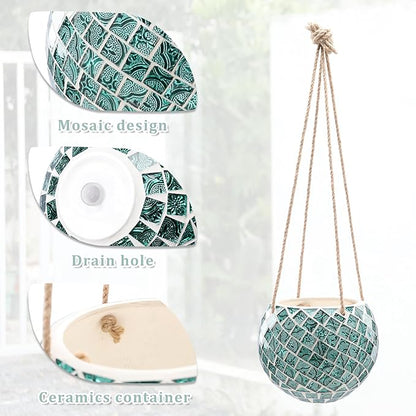 Ceramic Hanging Planter Mosaic Hanging Flower Pot Small Plant Pot for Indoor Plant Disco Ball Planter with Drainage