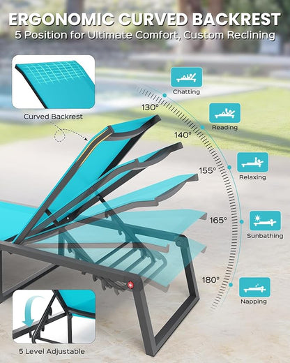 Aluminum Chaise Lounge Outdoor Set of 2, Foldable & Assembly Free Patio Pool Lounge Chairs 5-Position Recliner for Outside Poolside, Fully Grounded Legs Sun Lounger for Beach, Yard, Lake Blue