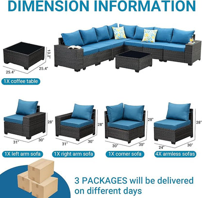 Jing's Villa 8-Piece Patio Furniture Set, All-Weather Outdoor Wicker Sectional Sofa with Cushions,Glass Table & Left and Right Armrest, Rattan Conversation Seating for Porch, Backyard,Peacock Blue