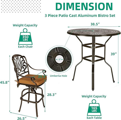 VIVIJASON 3-Piece Patio Swivel Bar Stools Set, All Weather Cast Aluminum Outdoor Bar Height Bistro Set with 2 Cushioned Bar Chairs & 38.5" High Bar Table w/Umbrella Hole for Backyard, Lawn, Garden