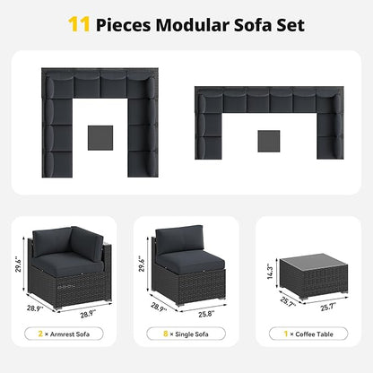 Aoxun Patio Furniture Set, 11 Piece Outdoor Sectional Sofas with Waterproof Cover, 10 Seats Wicker Rattan Outdoor Furniture Patio Conversation Set for Backyard, Garden Dark Grey