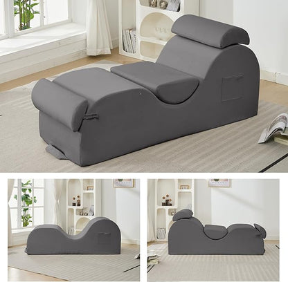 ijuicy Chaise Lounge Chair for Exercise, Indoor Lounger with Headrest, Waist Cushion, Movable Footrest, Side Pockets, Non-Slip Bottom - Yoga Chair with High Density Sponge, Light Grey
