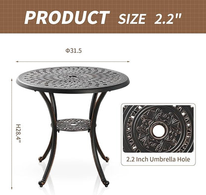 31" Round Patio Dining Table with Umbrella Hole, Cast Aluminum Bistro Table Outdoor Side Table for Backyard, Garden, Patio, Porch