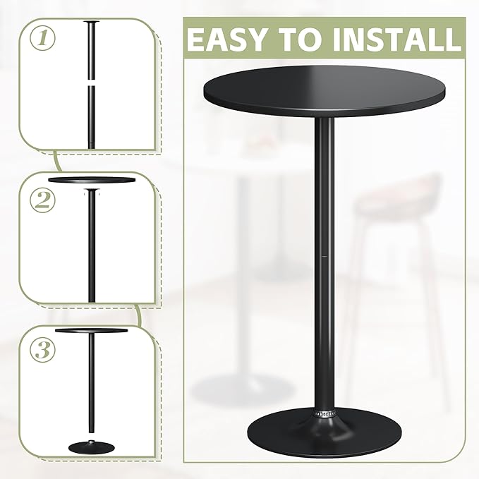 Flamaker Round Bistro Pub Table Modern Style Metal Base MDF Top Cocktail Bar Table Counter Bar Height for Pub, Dining Room, Party (1, Full Black)