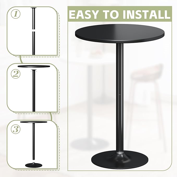 Flamaker Round Bistro Pub Table Modern Style Metal Base MDF Top Cocktail Bar Table Counter Bar Height for Pub, Dining Room, Party (4, Full Black)