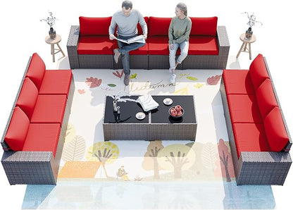 ALAULM 12 Pieces Outdoor Patio Furniture Set Sectional Sofa Sets Brown PE Rattan Patio Conversation Set w/10 Rose Red Seat Cushions and 2 Coffee Tables