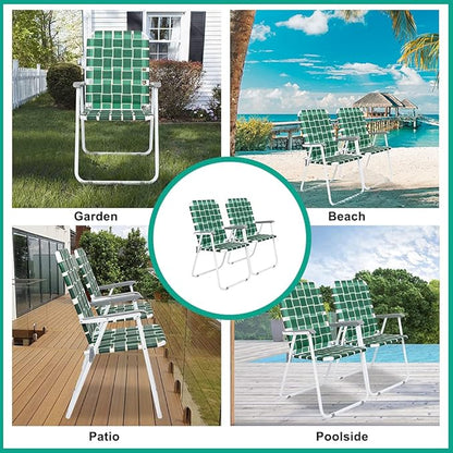 Folding Lawn Chairs, Set of 4, Dark Green Metal Frame