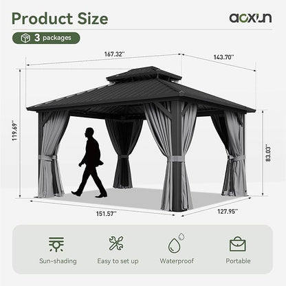 Aoxun 12'x14' Hardtop Gazebo, Aluminum Frame Canopy with Double Galvanized Steel Roof, Outdoor Metal Pavilion with Netting, Curtains for Backyard, Patio and Deck