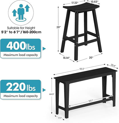 Ciokea 3 Pcs Outdoor Bar Height Table and Stools Set, 60" Extra Long Rectangle High Top Table and 2 Backless Bar Stools, Heavy-Duty All-Weather HDPE Patio Bar Set for Backyard Balcony Deck, Black