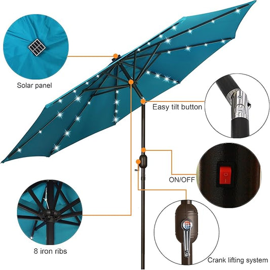 Solar Umbrella 32 LED Lighted Patio Umbrella Table Market, 9 Ft