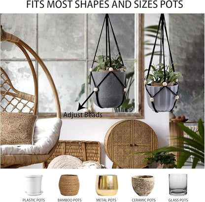 Artilady Black Hanging Planter for Indoor Plants Macrame Plant Hanger Large Hanging Plant Holder Basket with Adjustable Beads Outdoor Window Boho Plant Wall Decor (Black Bead-2pcs)