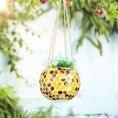 Hanging Planter Mosaic Garden Pot Small Flower Pot for Indoor Plant Disco Ball Hanging Planter with Drainage Yellow Bee