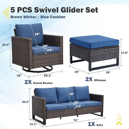 Belord Wicker Patio Furniture 5 Piece Outdoor Sofa Set, Oversize Outdoor Swivel Rocker Chairs with Rattan Ottomans, Conversation Sets Patio Furniture Come with Removable Cushion Blue, Anti-Rust Frame