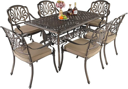 VINGLI 7 Pieces Outdoor Dining Set, Cast Aluminium All-Weather Patio Dining Set for 6 with Umbrella Hole, Outdoor Dining Table and Chairs with Cushion for Yard, Garden, Porch and Poolside, Bronze