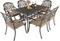 VINGLI 7 Pieces Outdoor Dining Set, Cast Aluminium All-Weather Patio Dining Set for 6 with Umbrella Hole, Outdoor Dining Table and Chairs with Cushion for Yard, Garden, Porch and Poolside, Bronze
