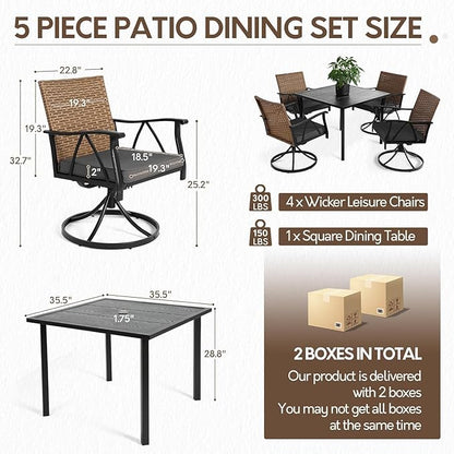 5-Piece Patio Dining Set for 4，Outdoor Dining Set with Wicker Swivel Patio Dining Chairs with Cushions & 1 Black Square Woodgrain Dining Table with 1.75”Market Umbrella Hole, Black & Brown