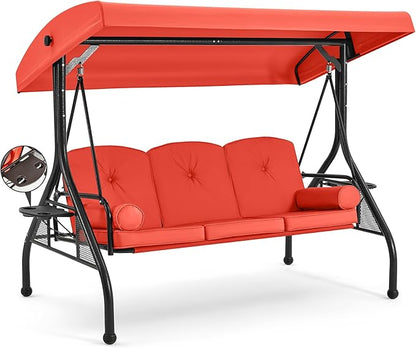 HOMREST 3 Seat Outdoor Porch Swing with Adjustable Canopy, Convertible Patio Swing Bed with Stand, Patio Glider Swing with Upgraded Cup Holder, Thicken Cushions ＆ Pillow for Backyard(Orange)