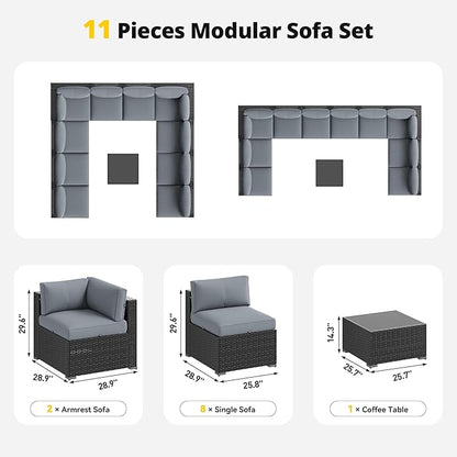 Aoxun Patio Furniture Set, 11 Piece Outdoor Sectional Sofas with Waterproof Cover, 10 Seats Wicker Rattan Outdoor Furniture Patio Conversation Set for Backyard, Garden Light Grey