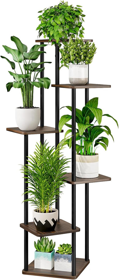 AZERPIAN Plant Stand 6 Tier Indoor Metal Flower Shelf for Multiple Plants Corner Tall Flower Holders for Patio Garden Living Room Balcony Bedroom, Black Oak