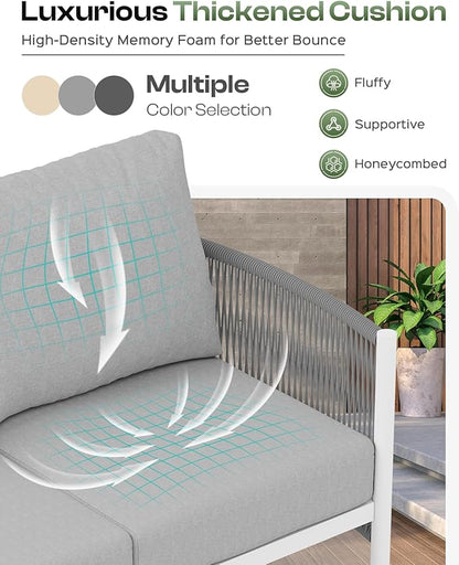 Aluminum Outdoor Patio Furniture Set with Dual-Layer Coffee Table, 4 Piece Modern Patio Conversation Sets with PE Rope, Outdoor Sectional Sofa with Thick Cushions for Balcony, Porch, White