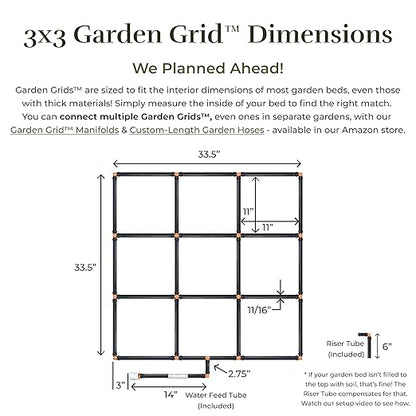 The Garden Grid | Pre-Assembled Raised Garden Bed Irrigation System – Waters Every Plant Evenly, 1-Minute Setup, Hassle-Free Design Lasts 5–10x Longer Than Drip Kits | USA-Made | 3x3 (33.5"x33.5")