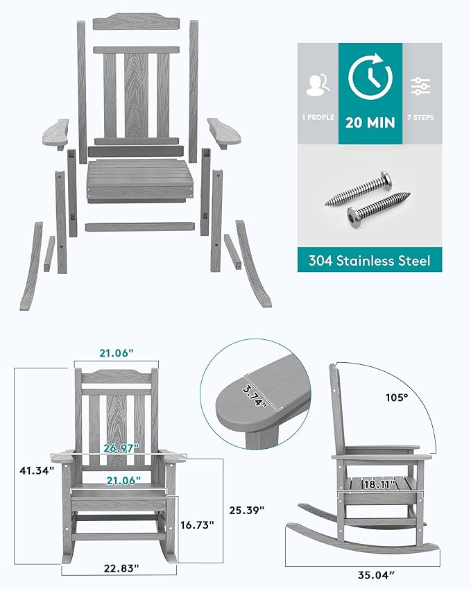 Rocking Chairs in Space Grey, HDPE Wood Texture, 350 lb Capacity, Outdoor Use