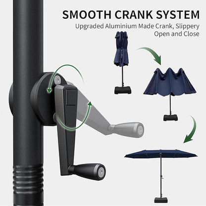 OLILAWN Patio Table Umbrella, 15ft Large Deck Umbrella with Base Included, Outdoor Double-Sided Rectangle Market Umbrella with Aluminium Crank, 12 Sturdy Ribs, for Deck Porch Garden,Dark Blue