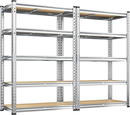 REIBII Garage Shelving, 5 Tier Storage Shelves Load 2400LBS, Adjustable Garage Shelving Heavy Duty, Metal Shelves Unit with Waterproof Columns, 35.5" W x 11.9" D x 72" H, Galvanized, 2 Pack