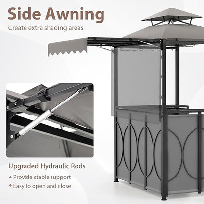 Tangkula 3 Piece Patio Bar Set, Grill Gazebo & 2 Foldable Bar Stools with Awning, Metal Storage Shelves, Glass Holders, Double-Tier Outdoor Shelter for Patio Poolside Garden Backyard (Gray)