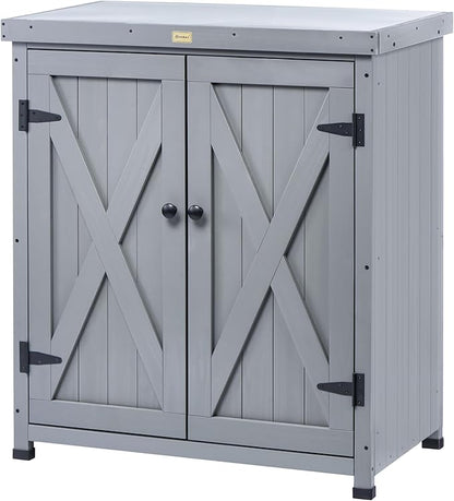 HABAU Outdoor Storage Cabinets Weatherproof for Patio, Garden Work Bench with Shelves & Metal Tabletop, Wooden Potting Table Workstation
