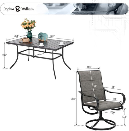 Sophia & William 7 Pieces Patio Dining Set Outdoor Metal Furniture Set, 6 x Swivel Dining Chairs Textilene Padded, 1 Metal Umbrella Table 6 Person for Lawn Garden
