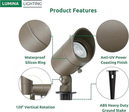 Lumina Lighting® 5W Landscape Lighting 12V Landscape Lights Low Voltage Landscape Spotlights Warm White Waterproof Outdoor Replaceable LED Bulb for Garden,Lawn,Porch,Patio and Yard (Bronze) (2-Pack)